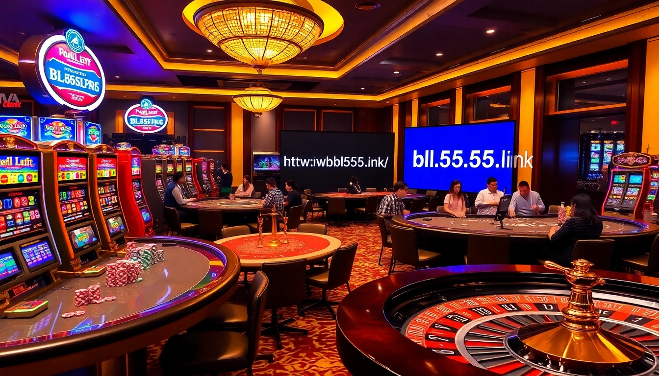 Experience the vibrant action of gambling at https://bl555.link/, showcasing poker tables and slot machines.