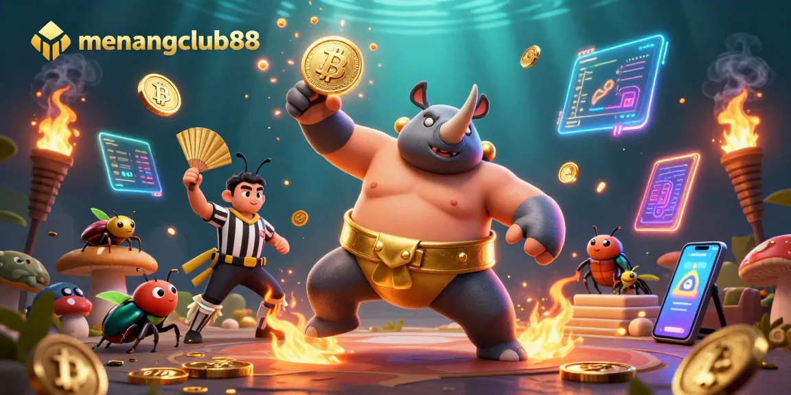 Experience the thrill of menangclub88 as a rhinoceros beetle champion showcases epic gambling action, sending coins flying.