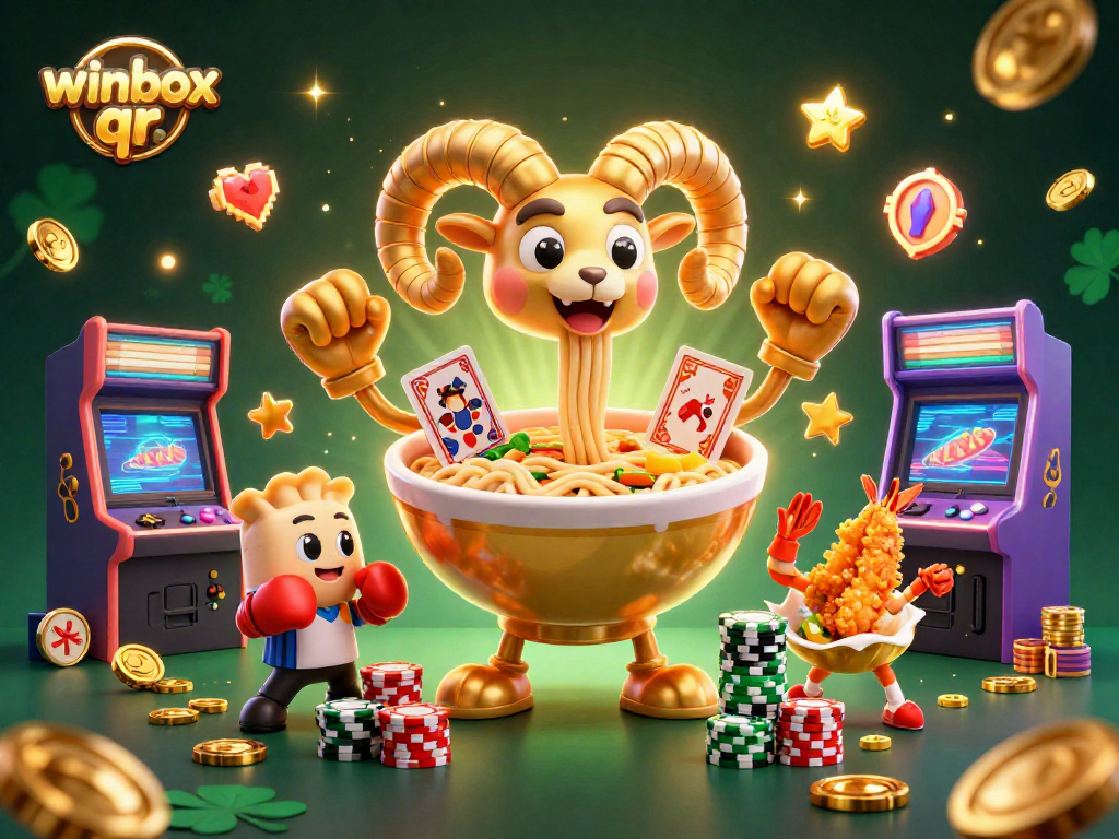 Winbox QR casino scene with vibrant characters, games, and golden elements bringing excitement to players