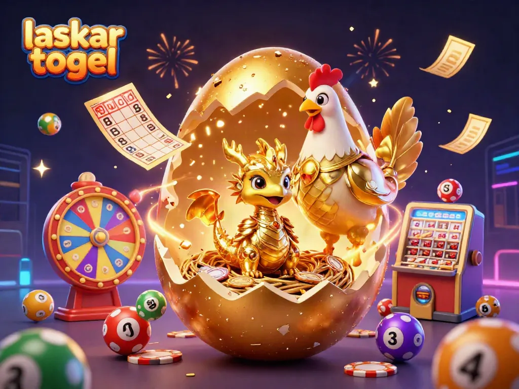 Engage in laskar togel excitement with a golden dragon, poker chips, and dynamic lottery elements.