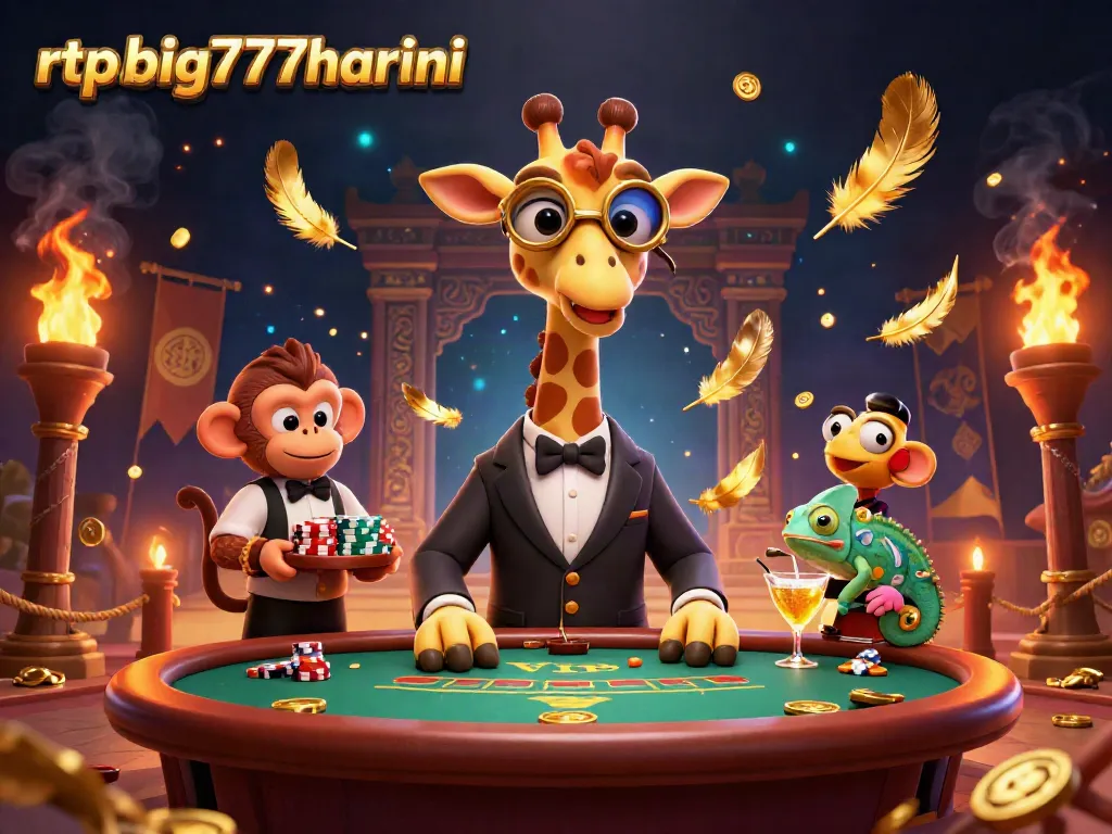 Engage with rtpbig777hariini's lively casino scene featuring a high-roller giraffe, monkey valet, and chameleon bartender.