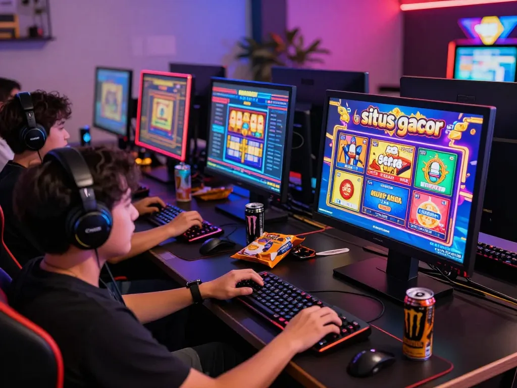 Pemain yang terlibat menikmati slot online situs gacor di antarmuka komputer yang cerah dalam lingkungan permainan yang meriah.