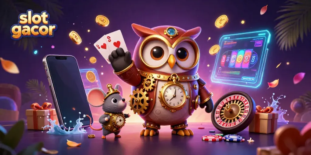 Experience thrilling slot gacor adventures with this dynamic steampunk casino scene featuring magical characters and exciting game elements.