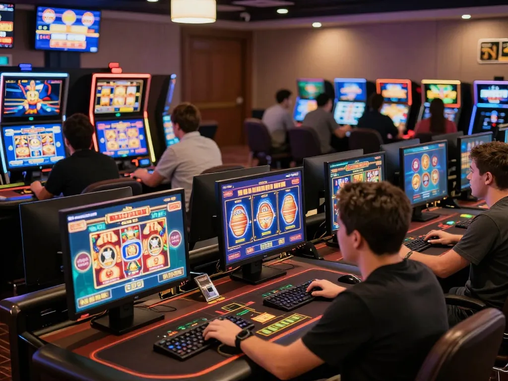 Players actively playing games on the official website of an online casino, showcasing excitement in a vibrant digital room.