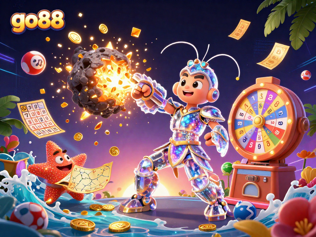 Experience go88's thrilling gaming adventure with vibrant scenes filled with lottery balls, coins, and samurai shrimp.