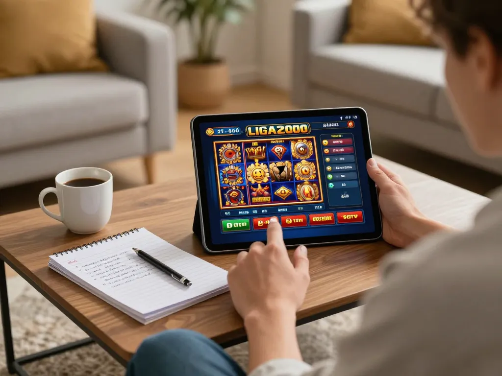 Engaging gameplay on LIGA2000 platform with person exploring slot options on a tablet in cozy home setting.