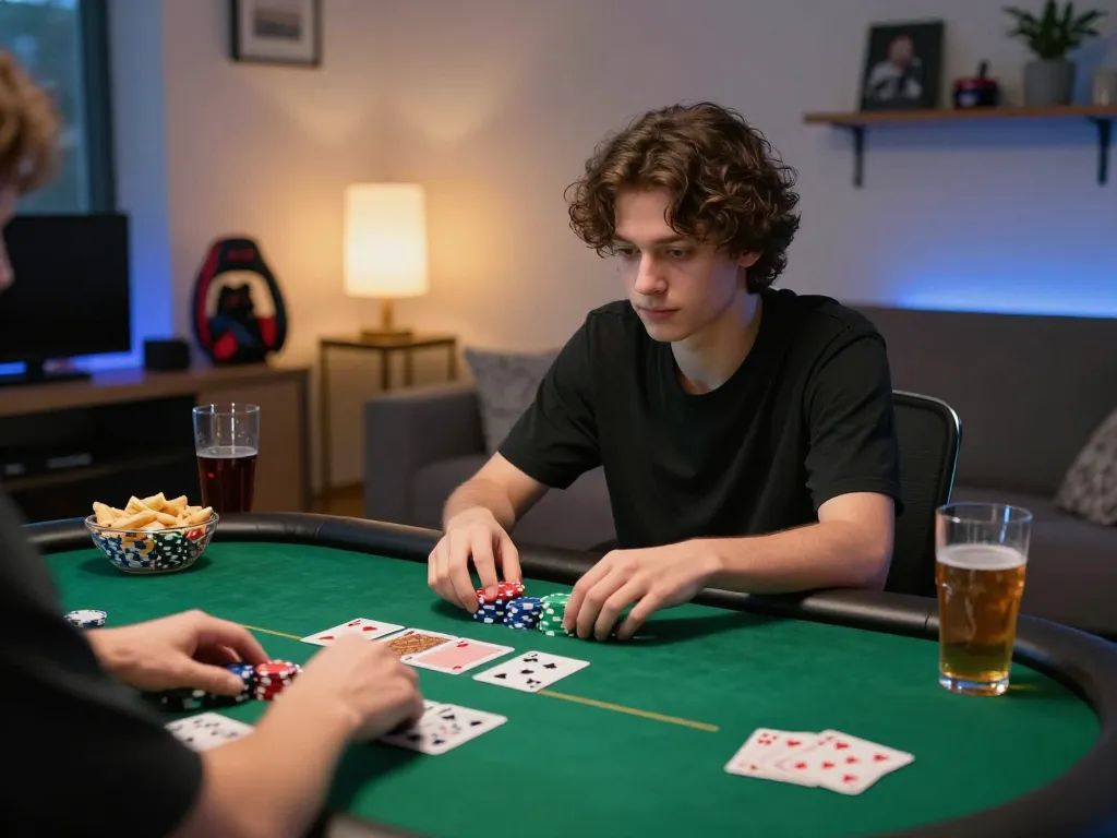 Engaged player at a home gaming setup enjoying a sun win poker session with chips and strategy notes.