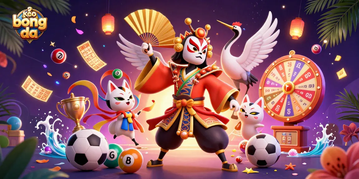 Engage in kèo bóng đá with vibrant 3D characters amidst dynamic sports and lottery elements.