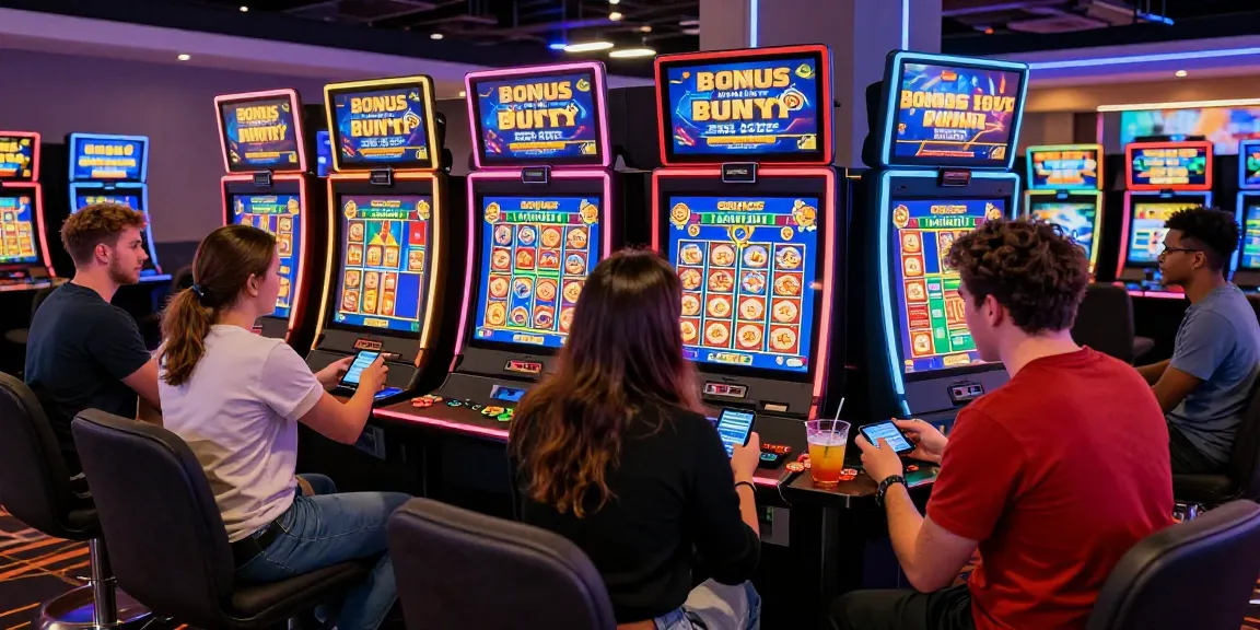 Players enjoying Bonus Buy Slots at chagency.co.uk featured casino with vibrant atmosphere and interactive displays.