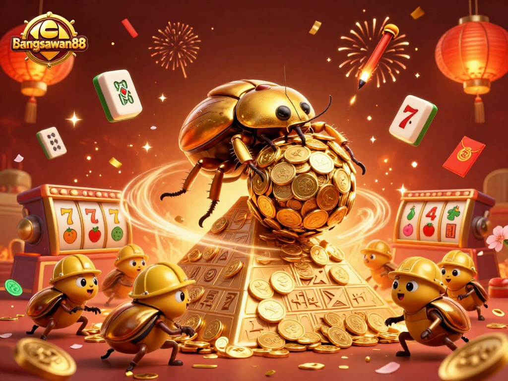 Experience the excitement of bangsawan88 as the golden dung beetle rolls coins amidst vibrant casino elements.