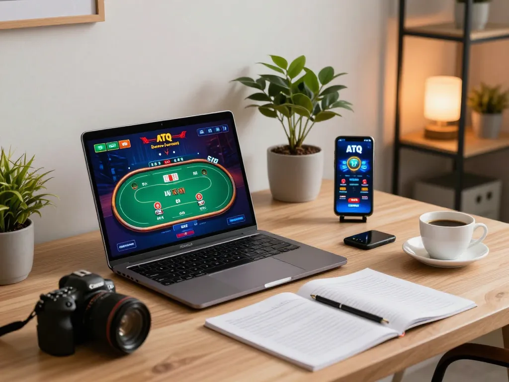 Engaging online poker game on laptop while enjoying ATQ casino app and strategy notes in a stylish home office.