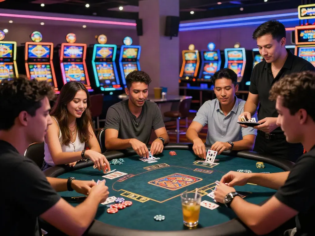 Permainan kartu ratutogel yang menampilkan suasana kasino yang ceria dengan teman-teman.