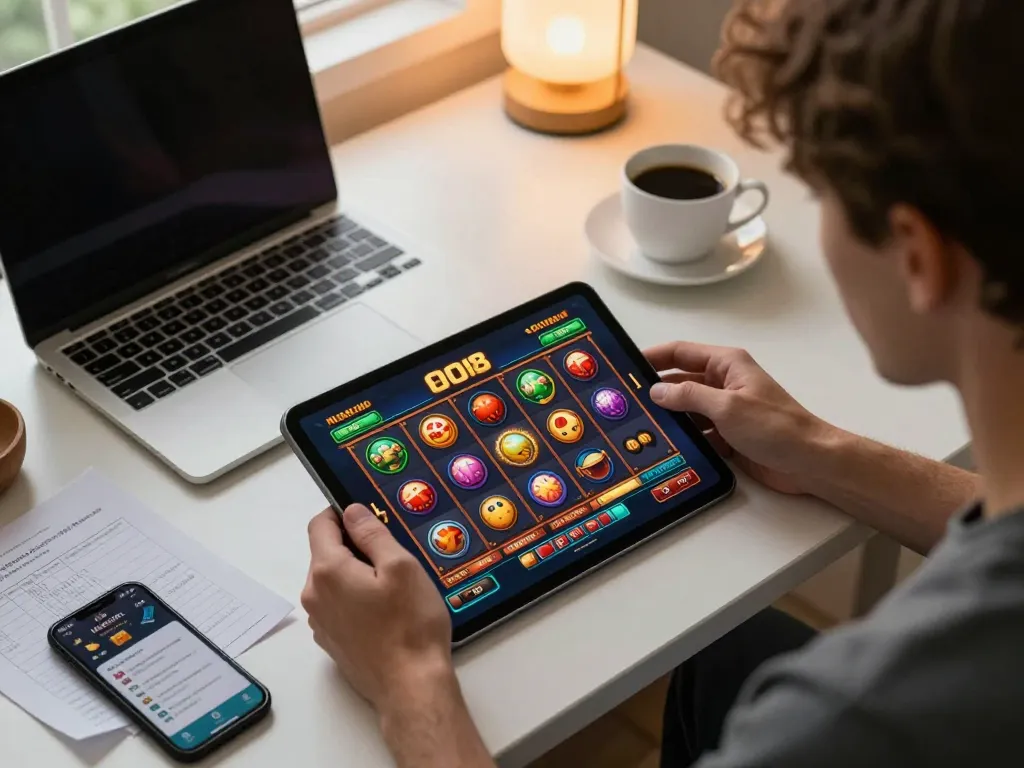 Engaging in Slot88 online gaming from home with a vibrant tablet display and strategic notes