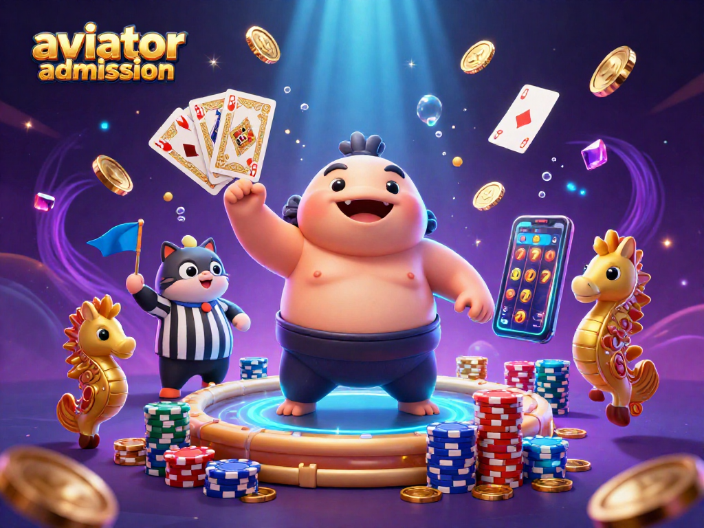 Aviator admission game illustration showcasing fugu, catfish referee, and colorful casino elements