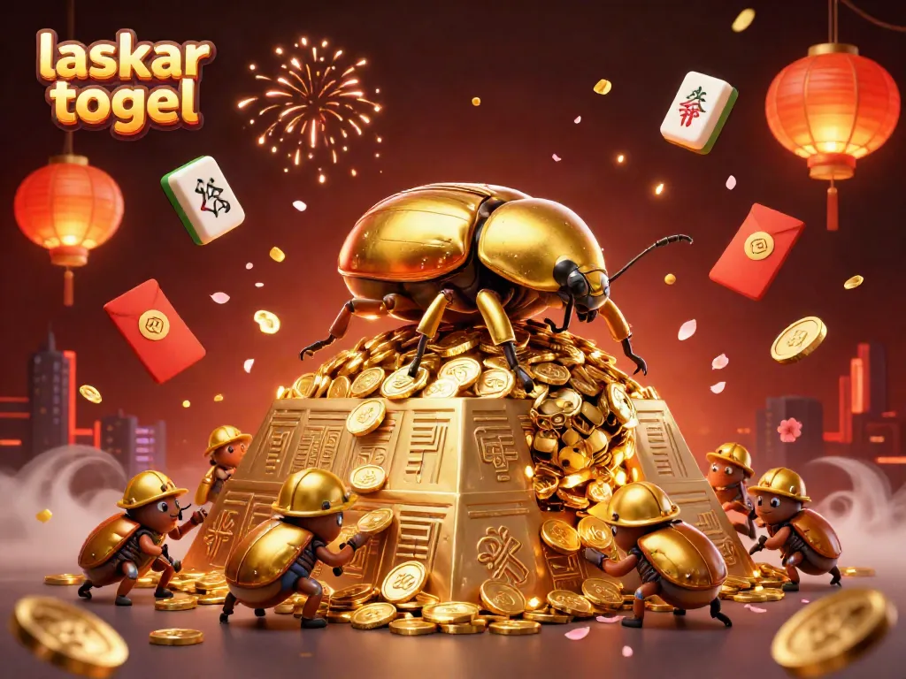 Engage in thrilling gameplay with Laskar Togel, featuring a vibrant scene of cartoon golden beetles and casino symbols.
