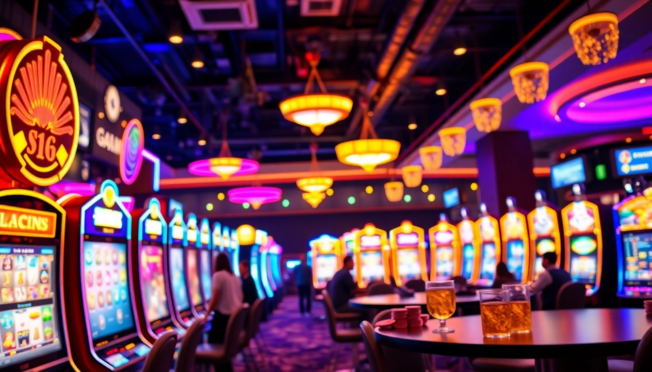 Erlebe Casinospielen mit bunten Spielautomaten und lebhaften Spielern in einer aufregenden Casino-Atmosphäre.