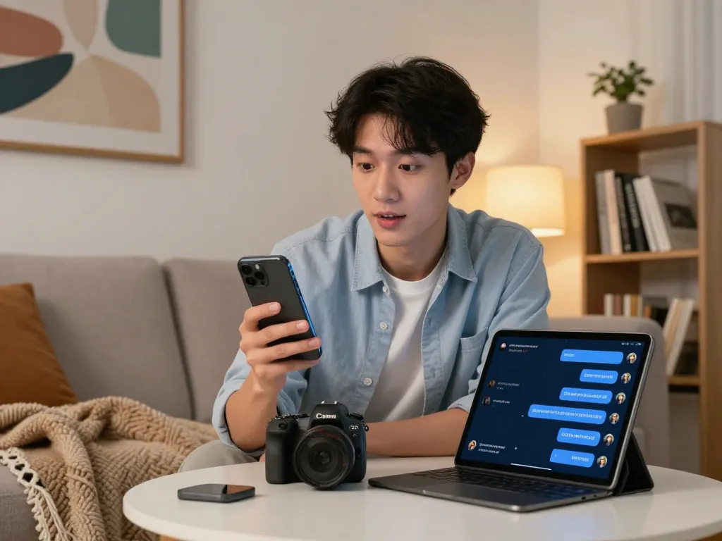 Cozy living room scene of a user engaging in NSFW chat with an AI character on a sleek device, showcasing digital interaction.