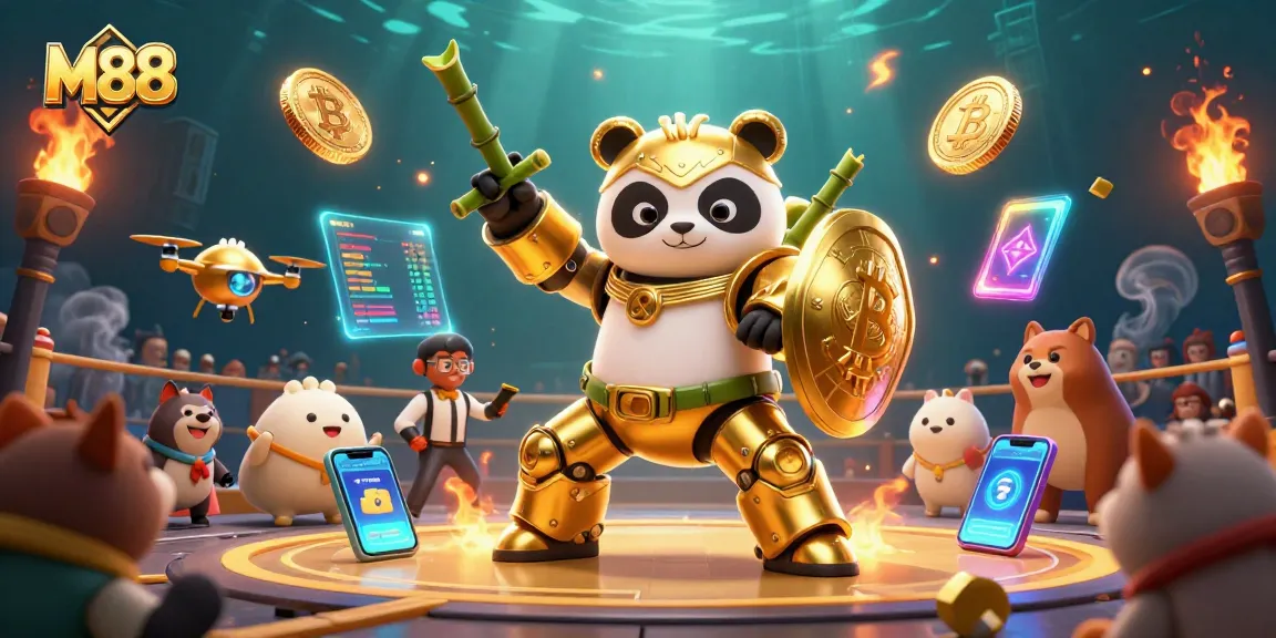 Engage in M88 cockfighting action featuring a mech-suit panda battling in a vibrant arena.