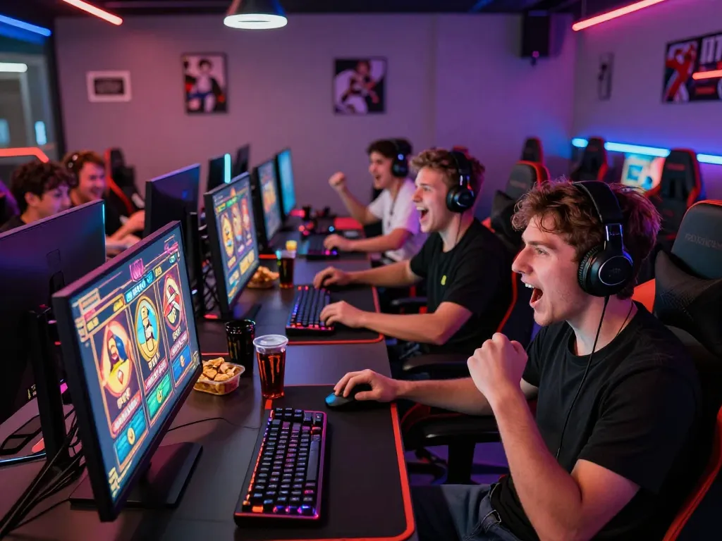 Gamer yang antusias bermain dengan permainan link slot gaco di suasana lounge permainan yang hidup.