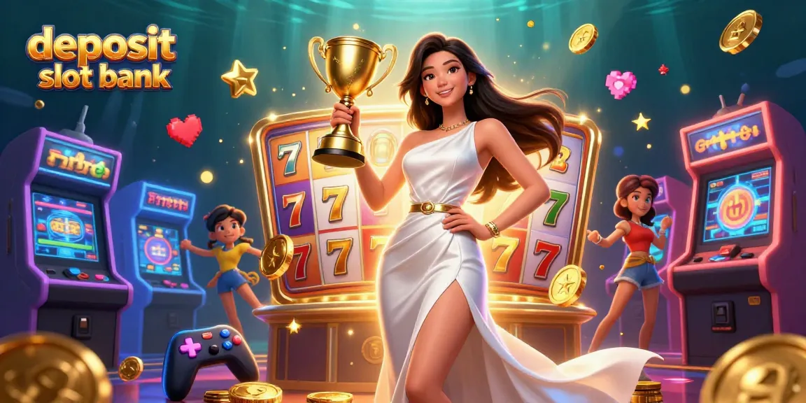 Engaging illustration of deposit slot bank scene featuring Asian woman with golden trophy amidst vibrant casino elements.