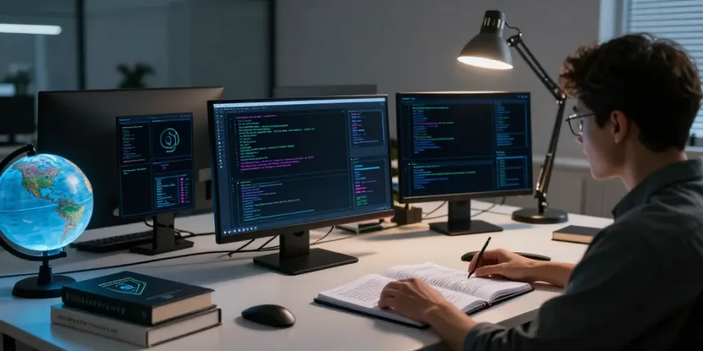 Researcher exploring the hidden wiki in a tech-savvy workspace