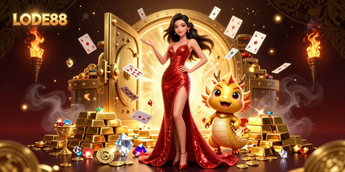 Engage in thrilling LODE88 gaming with a stylish Asian woman, golden dragon, and vibrant casino elements.