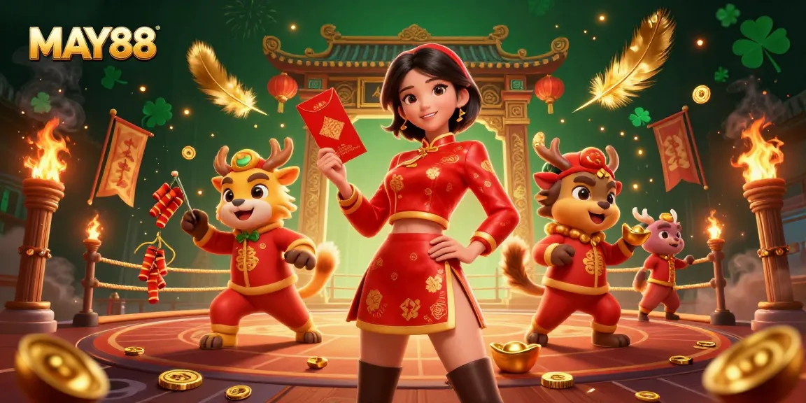 Experience the excitement of MAY88 in a vibrant Lunar New Year casino scene filled with festive characters, gold coins, and lucky symbols.