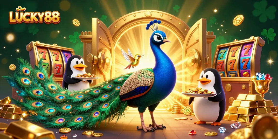 Spin the reels in LUCKY88 with vibrant characters and dazzling treasures in a captivating casino scene.