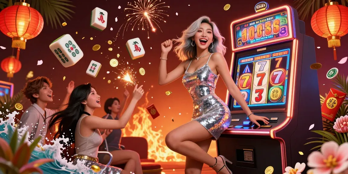 Experience the excitement of vic88 with a dazzling slot machine jackpot celebration amidst vibrant casino elements.