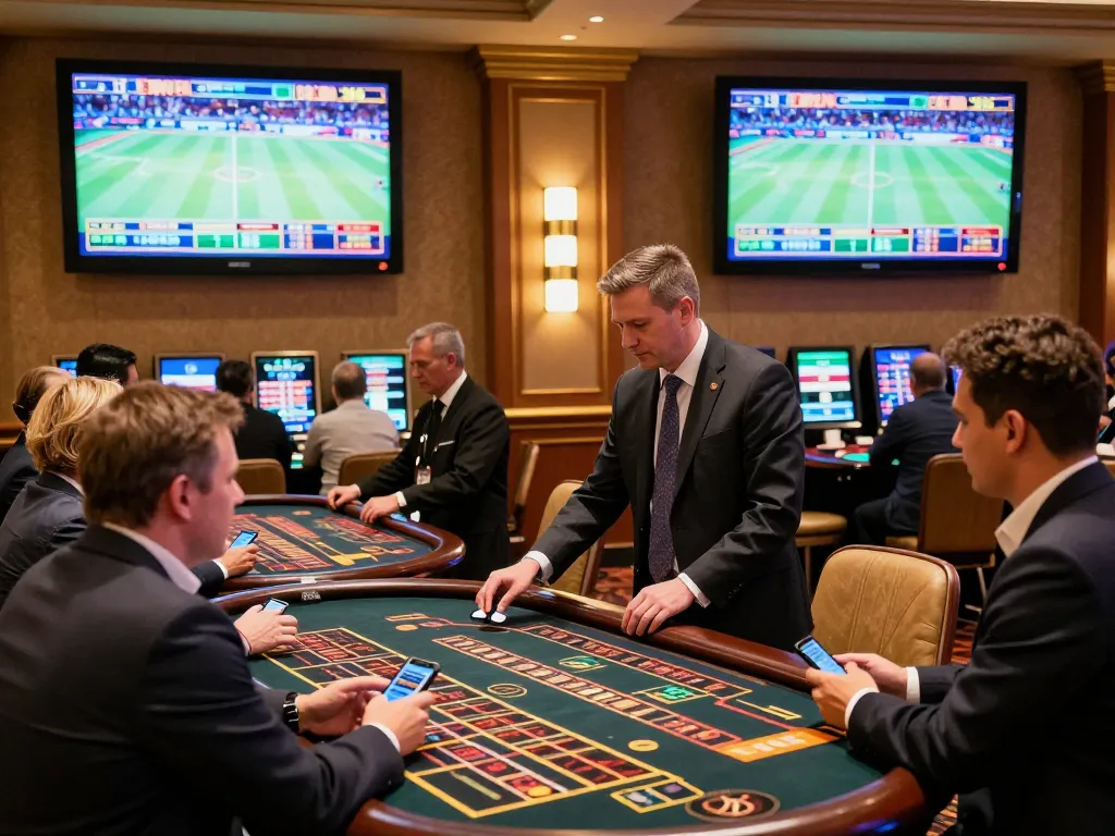 Excited gamblers placing bets at Q88 sports betting lounge, vibrant atmosphere with live sports screens.