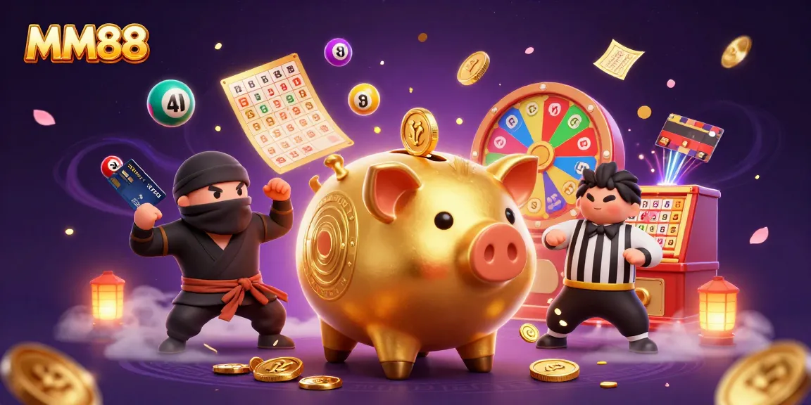 MM88 showcases exciting casino action with a golden piggy bank sumo wrestler and colorful games elements.
