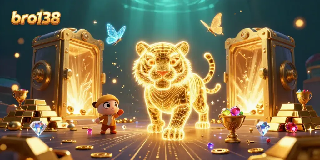 Experience the thrill of bro138 with a vibrant casino scene featuring a golden tiger and treasures.