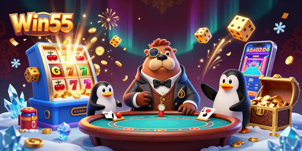 Win55 and friends engage in an underwater slots showdown featuring a jackpot explosion of coins.