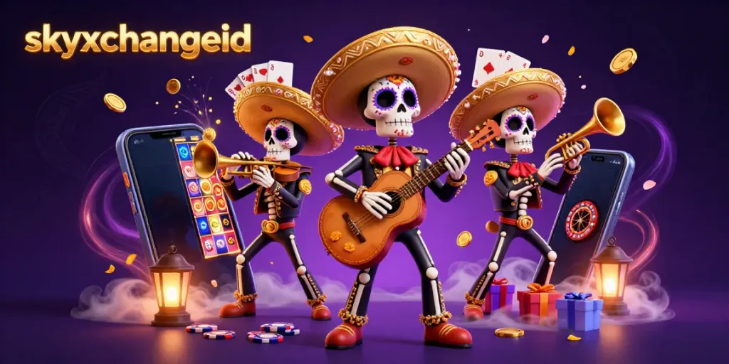 Experience thrilling gameplay with skyxchangeid featuring a colorful Day of the Dead mariachi band and vibrant casino elements.