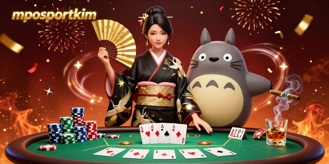 Engage with mposportkim's exhilarating poker scene featuring an elegant Asian woman and a wise tanuki.