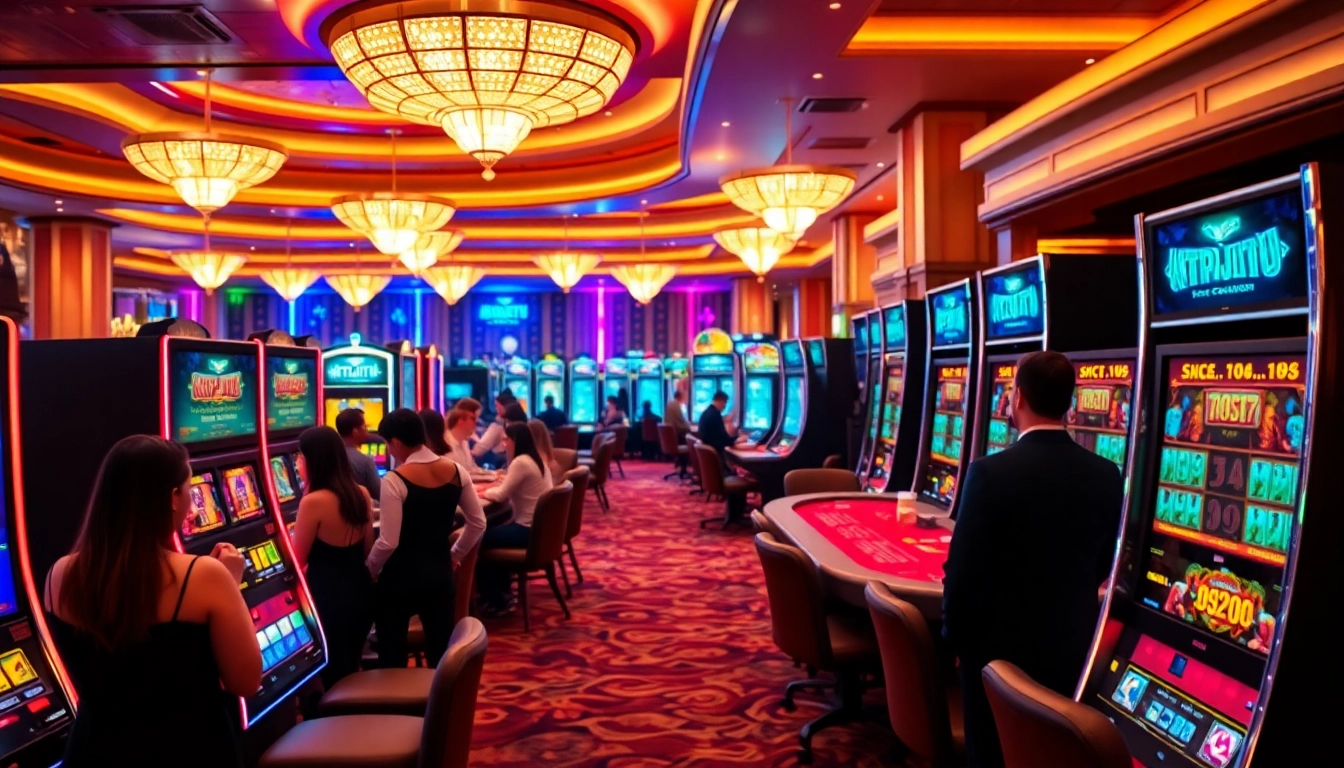 Players engaging with KTPJITU slot machines in a vibrant casino atmosphere.