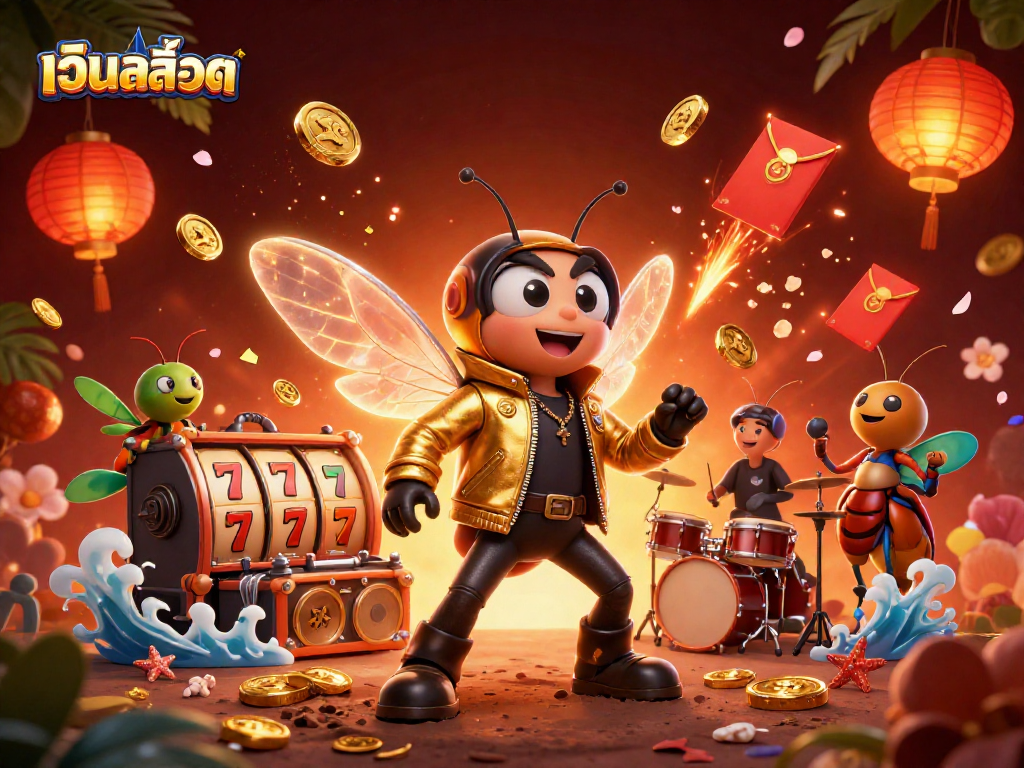 Spin big wins with เว็บสล็อต as a cartoon cicada rock star lights up the casino stage.