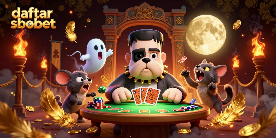 Engage with daftar sbobet for premium card games, featuring exciting characters in a dynamic casino scene.