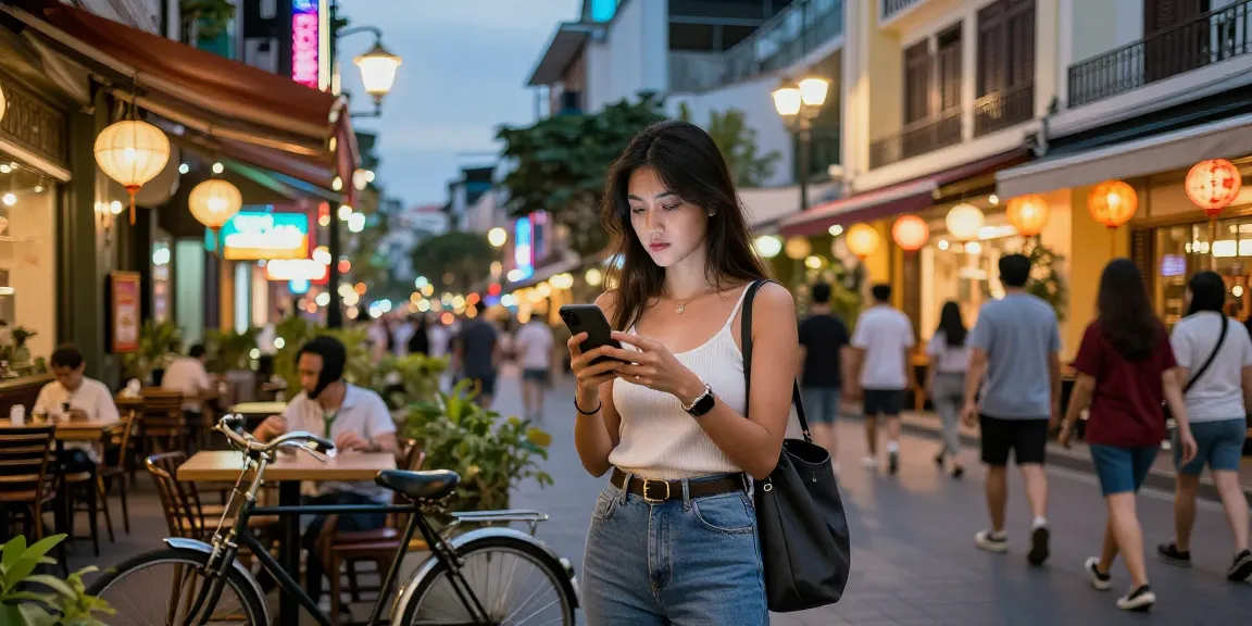 Khung cảnh đường phố sôi động với gái gọi tương tác trên điện thoại thông minh giữa ánh đèn neon rực rỡ.