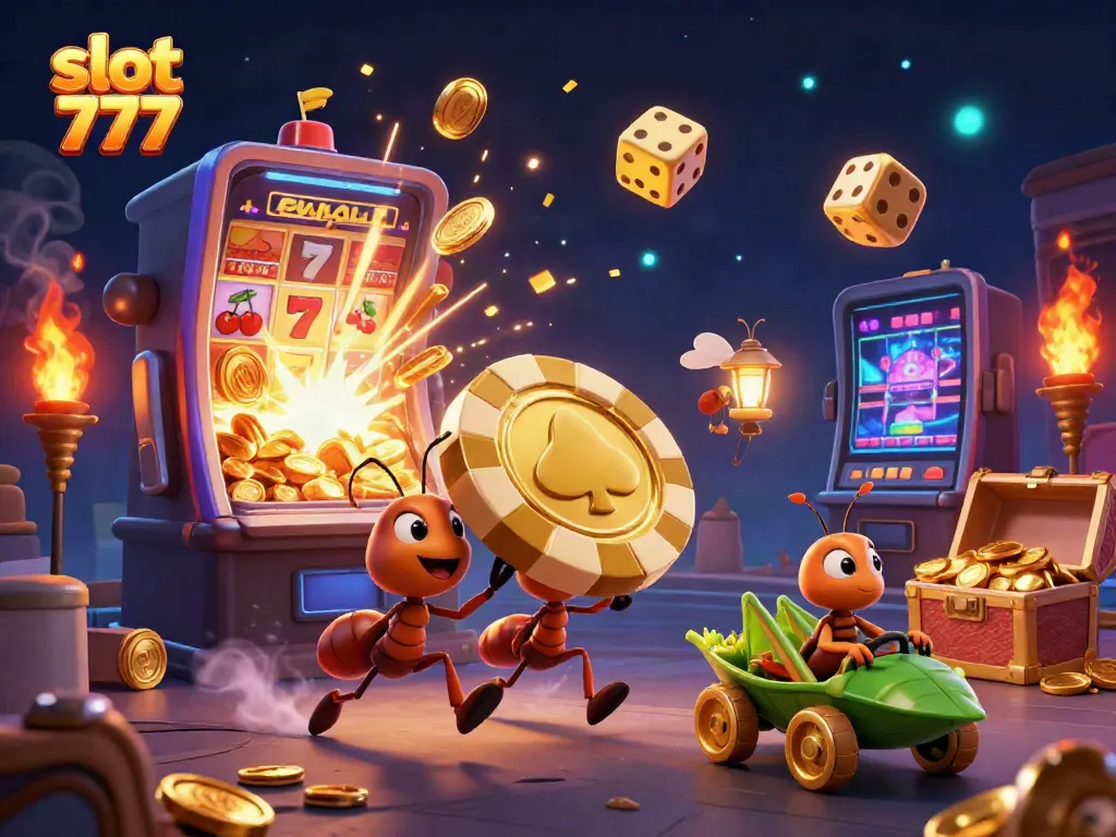 Permainan slot 777 dengan semut kartun mencuri chip poker emas raksasa dalam ilustrasi 3D.