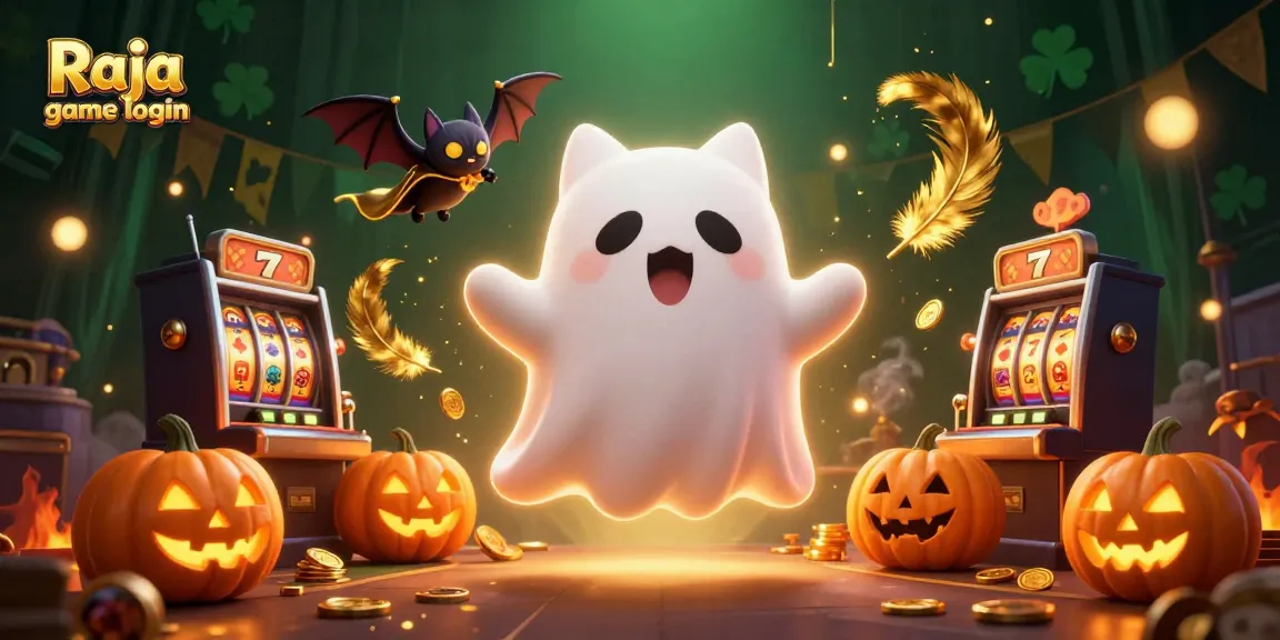 Engage with Raja game login in a spooky casino scene featuring ghostly elements and gaming symbols.