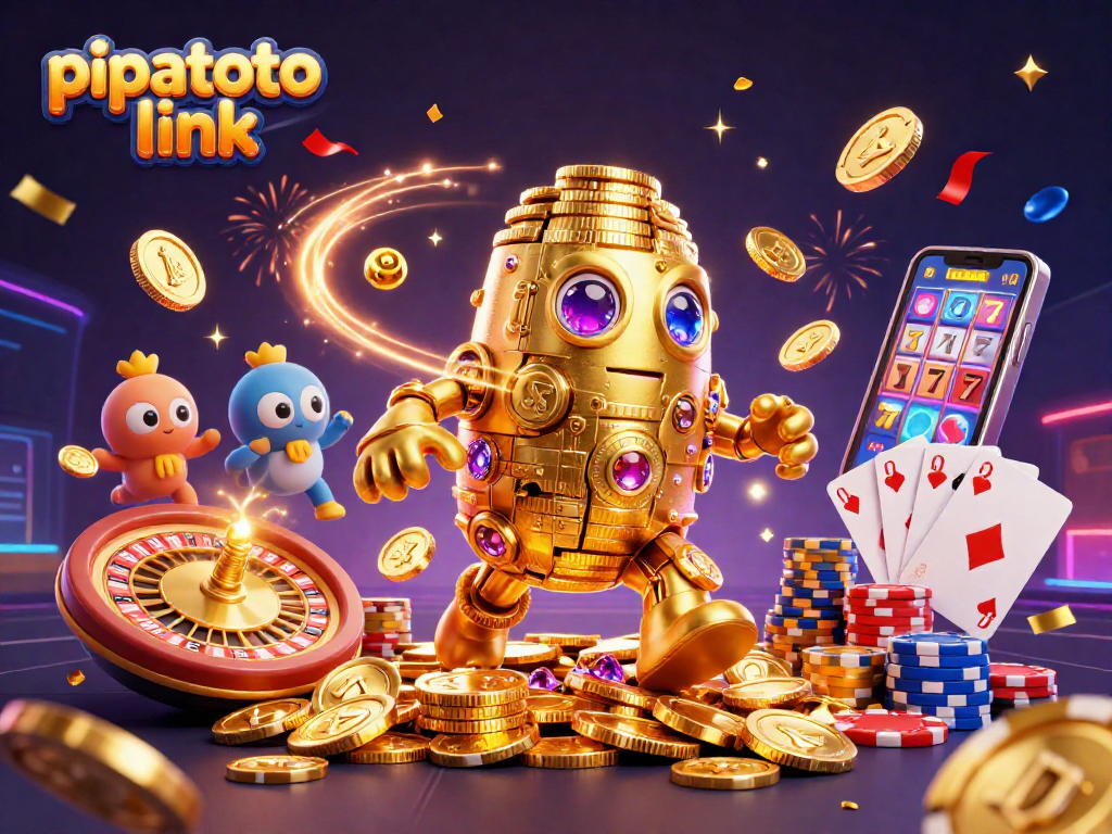 Spin and win at pipatoto link with golden golem amidst cascading coins and vibrant casino symbols.