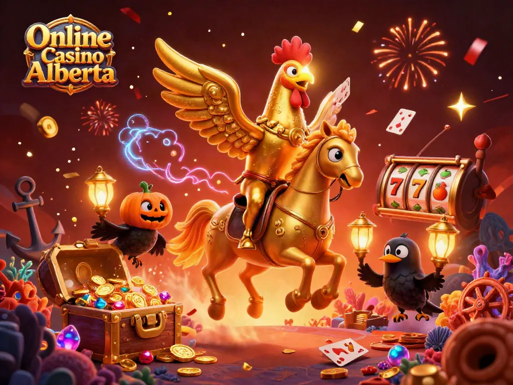 Engage with Online Casino Alberta's vibrant scene featuring a golden rooster and dynamic game elements.