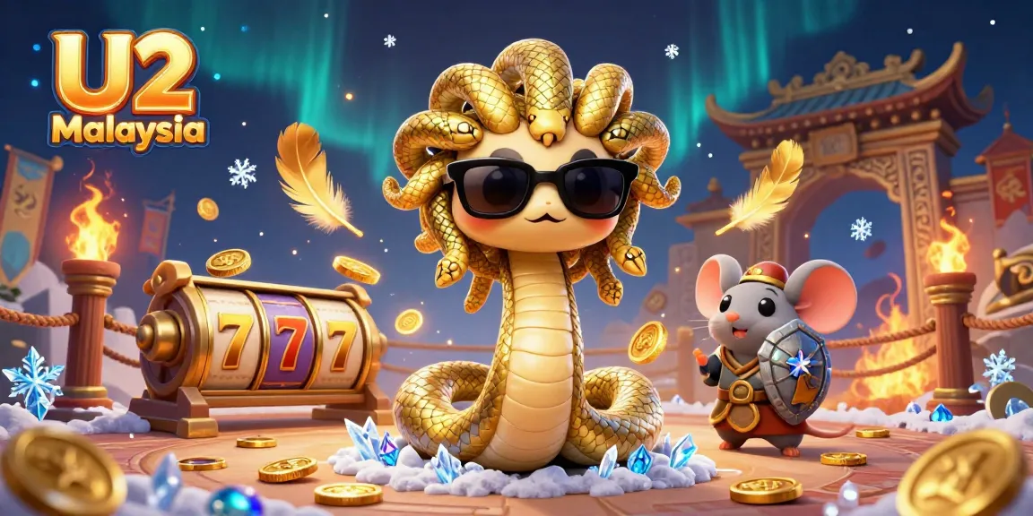 Engage in thrilling play at U2 Malaysia with Medusa and a warrior mouse amid vibrant slot games and dynamic golden elements.