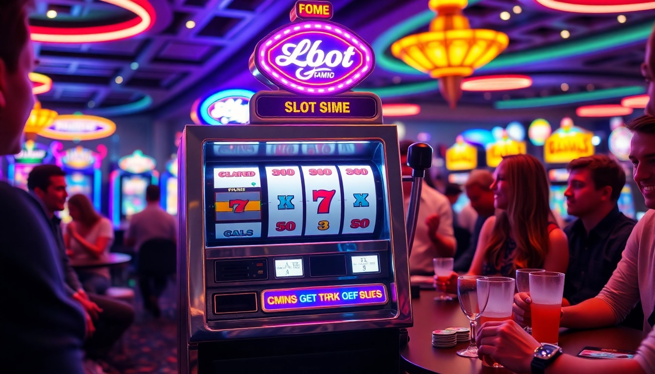 Slot Game mesin yang menarik dengan lampu cerah di kasino, mengundang pemain untuk bergabung.