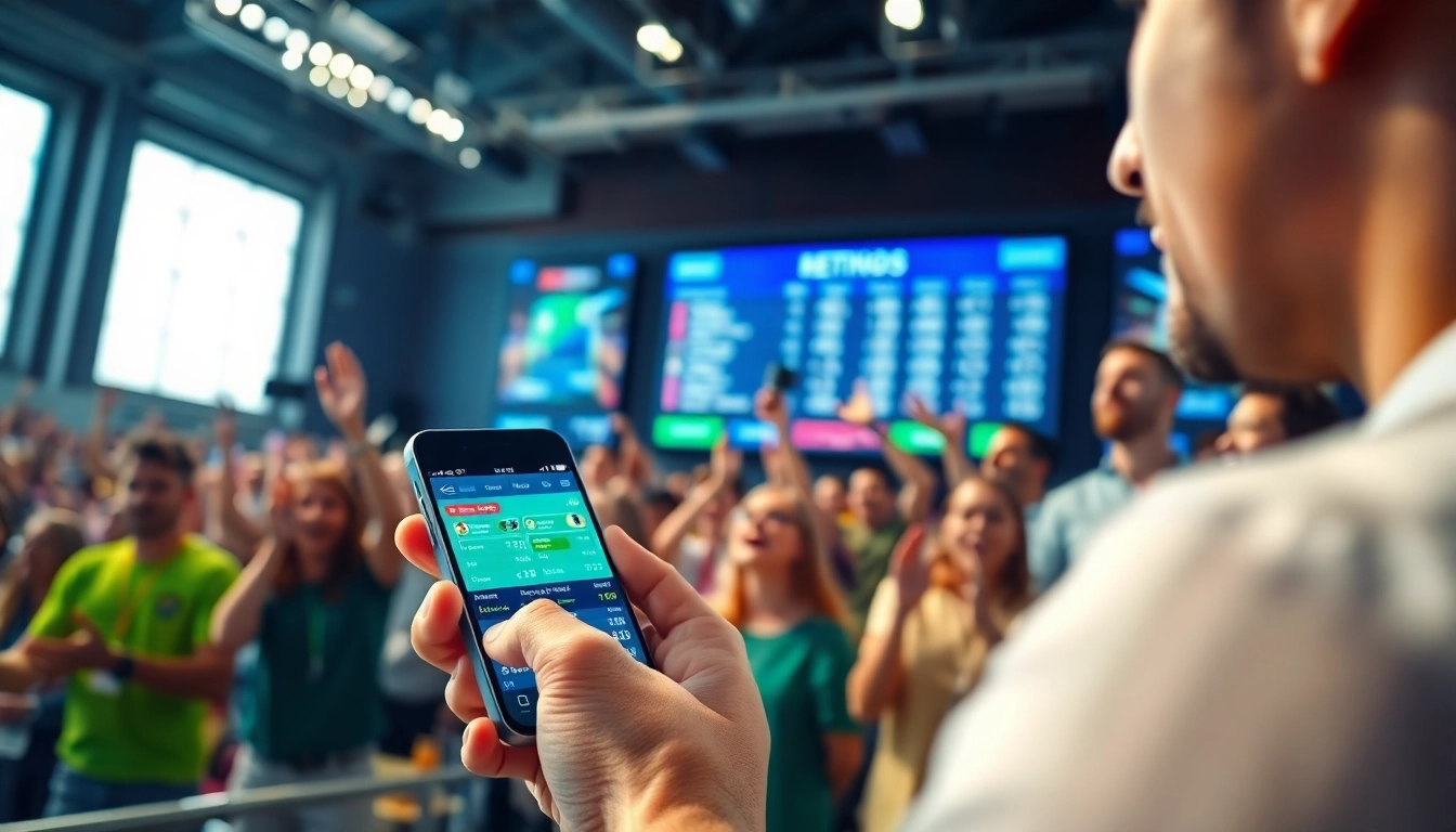 Engaging online Betting experience with fans cheering and a smartphone showcasing betting app.