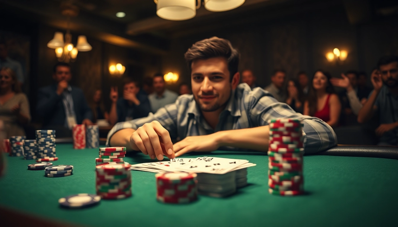 Engage in a thrilling poker game with focused player, covered table, and lively atmosphere.