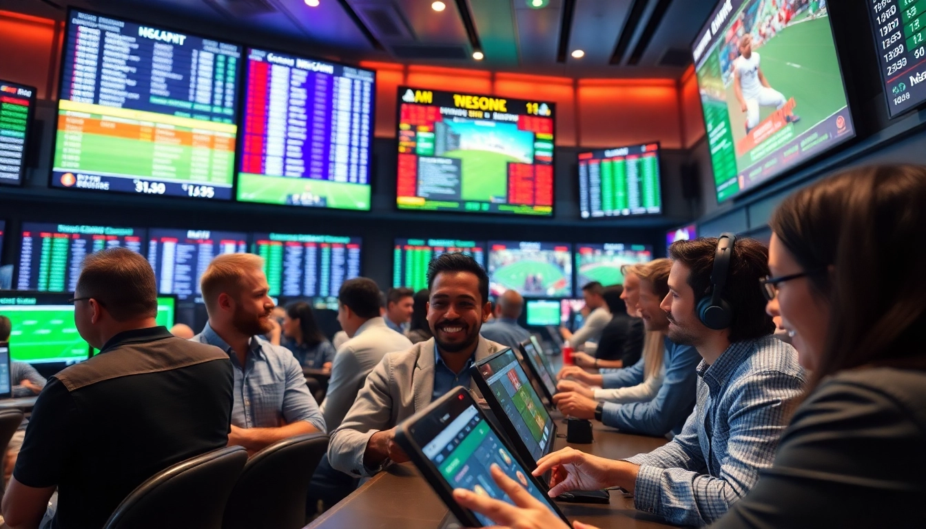 Bettors engaging in sports betting with dynamic odds displayed in a vibrant sportsbook setting.