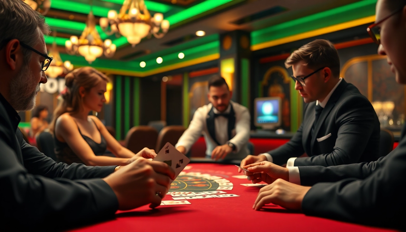 Experience the luxury of Blackjack Casino gameplay with intense card action and vibrant decor.