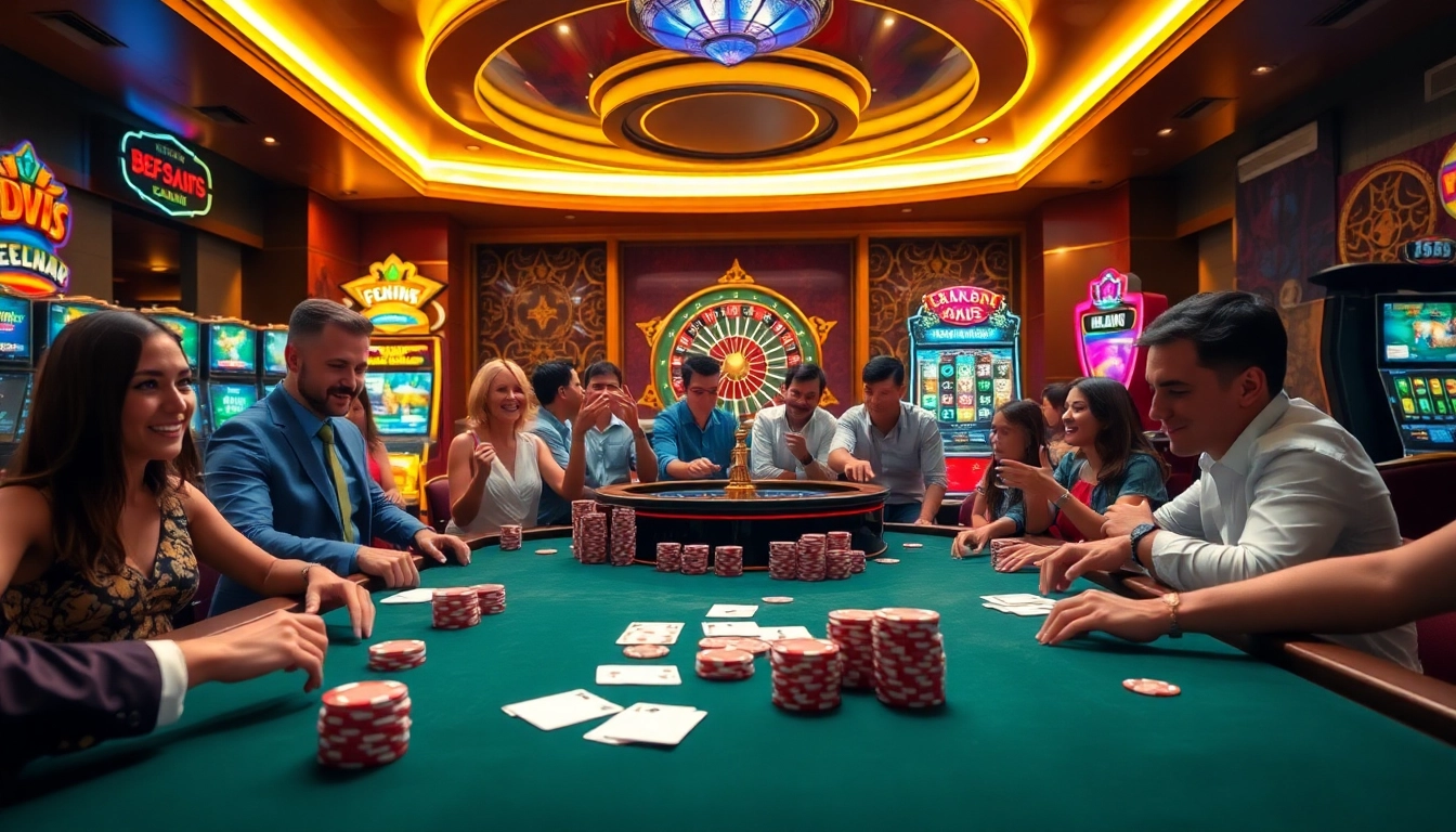 Players enjoying a high-stakes game at 555win casino with vibrant slot machines.